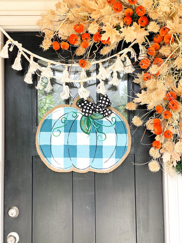 Burlap Pumpkin Door Hanger -  Buffalo Check Pumpkin in Teal